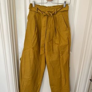 Uniqlo High Waist Wide Leg Linen Blend Belted Trousers in Mustard Yellow